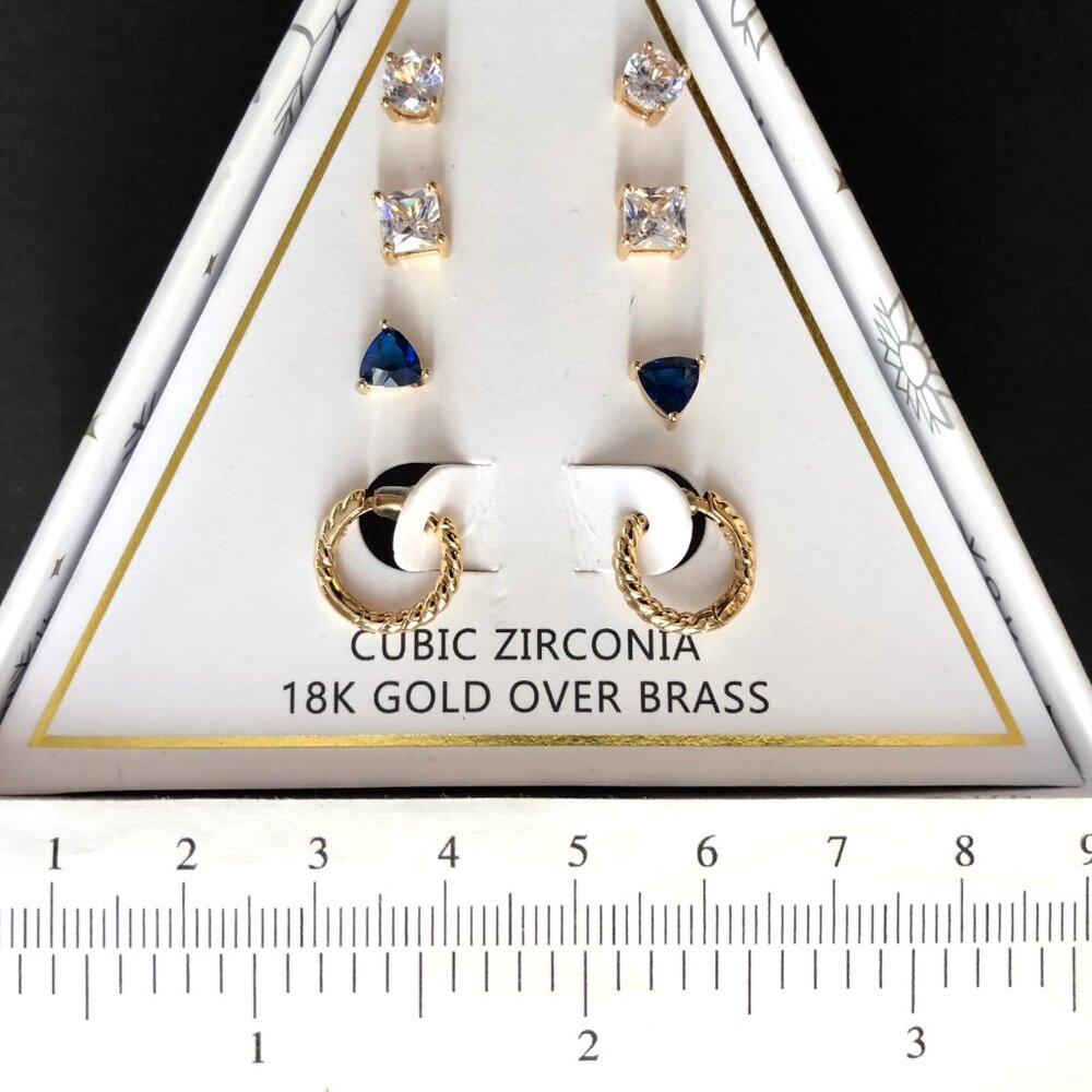 4 Earring Set Stud Hoop Cubic Zirconia 18K Gold Plated Brass by And Now This - Picture 7 of 10